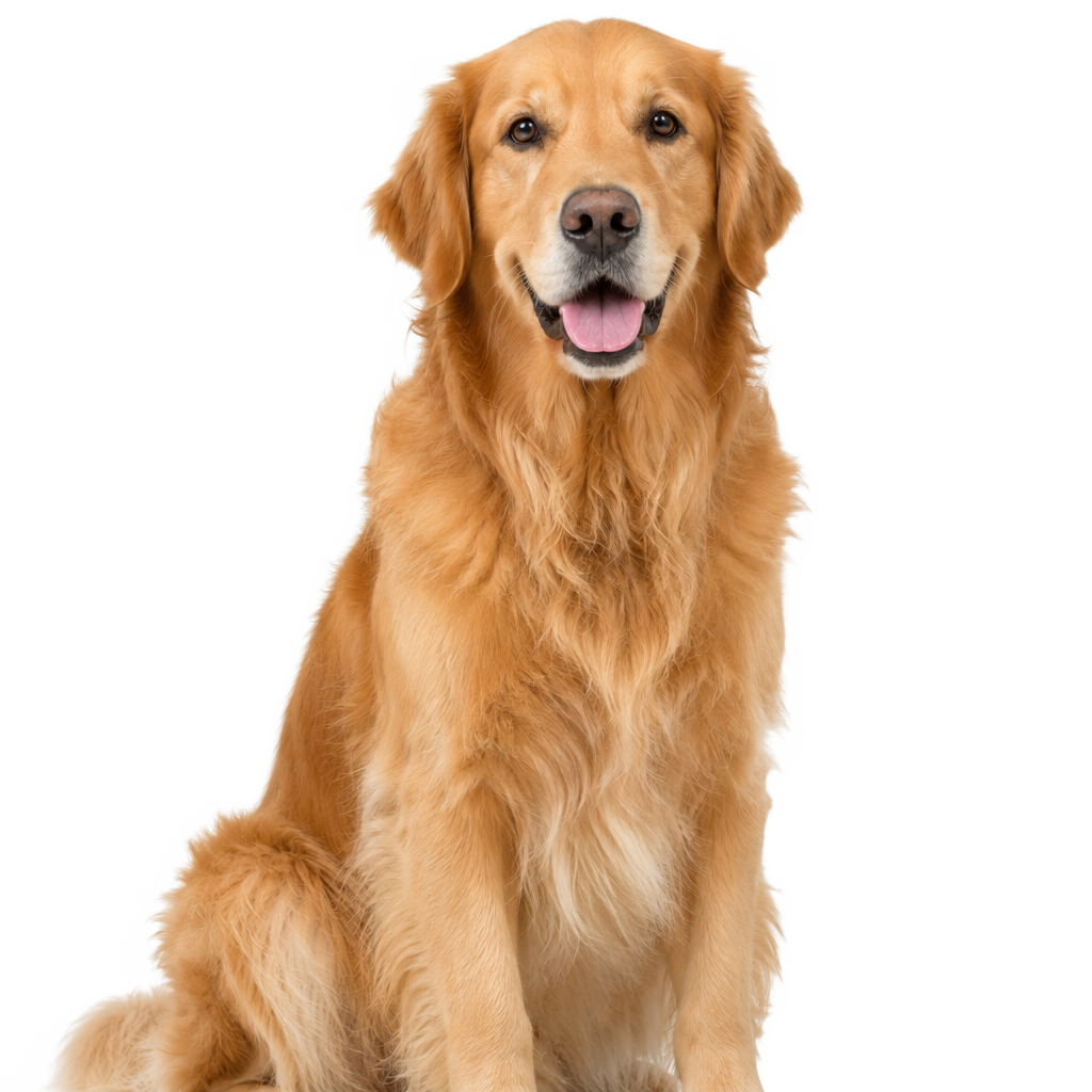 A Golden Retriever sitting, cut out on a transparent background