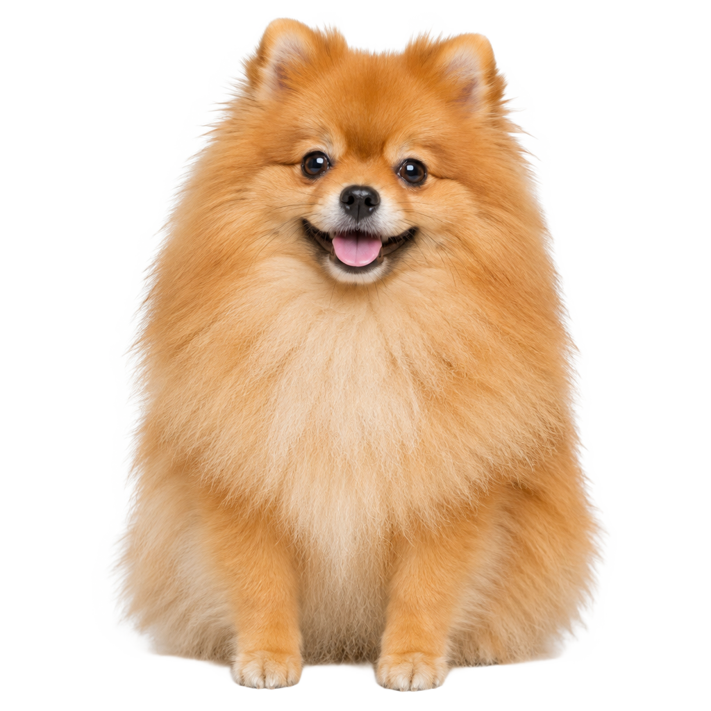 An orange Pomeranian sitting, cut out on a transparent background