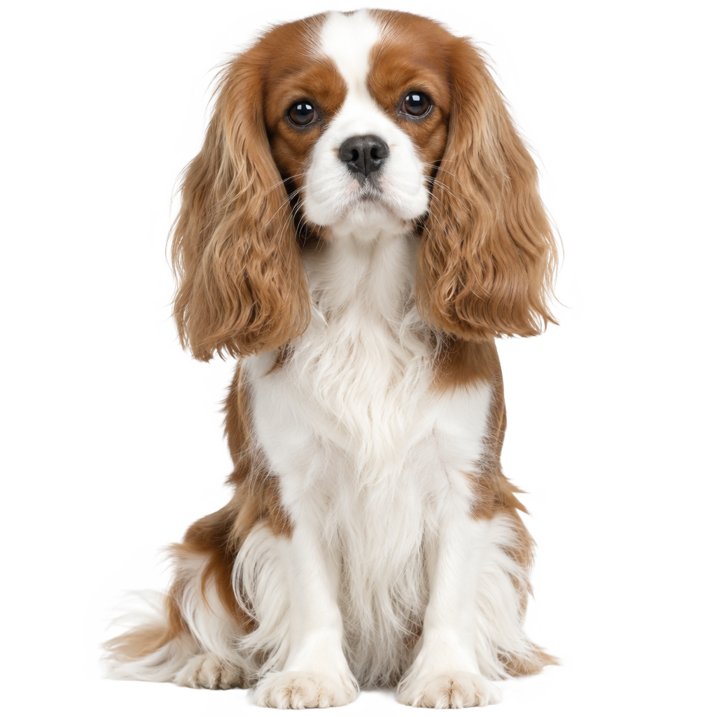 A Cavalier King Charles Spaniel sitting, cut out on a transparent background