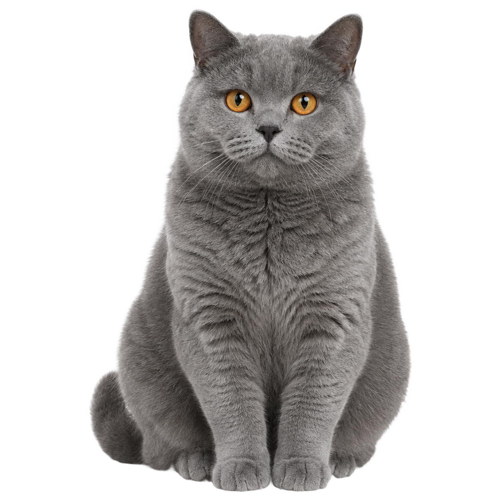 A grey British Shorthair cat sitting, cut out on a transparent background