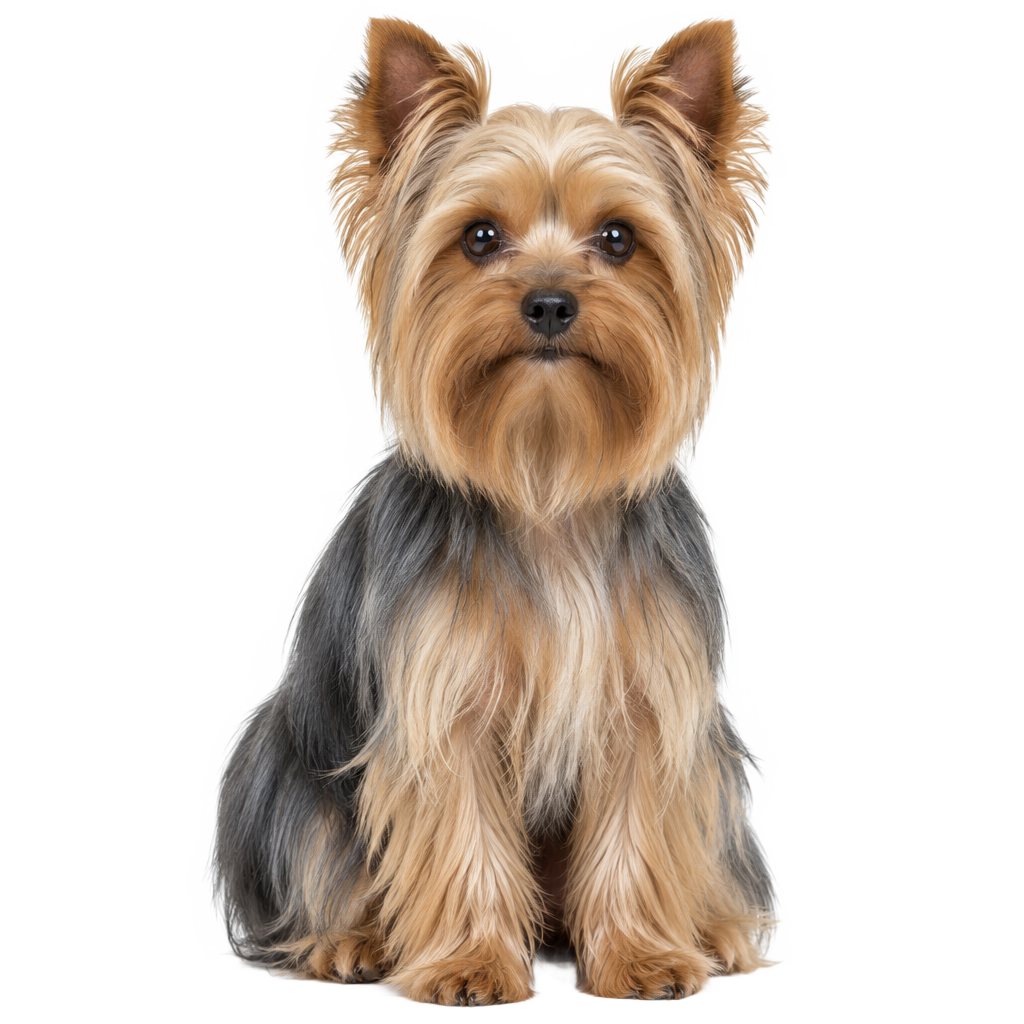 A Yorkshire Terrier sitting, cut out on a transparent background