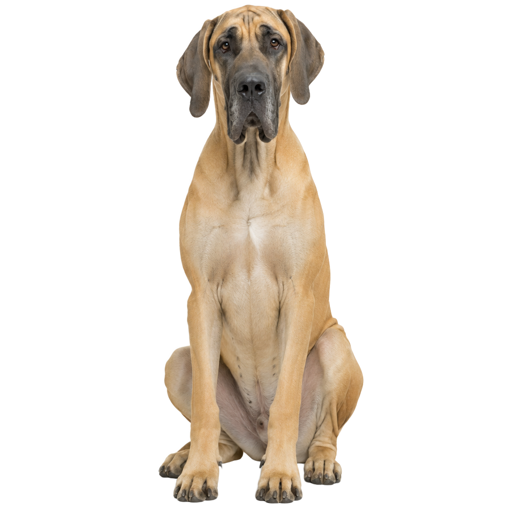 A fawn Great Dane sitting, cut out on a transparent background