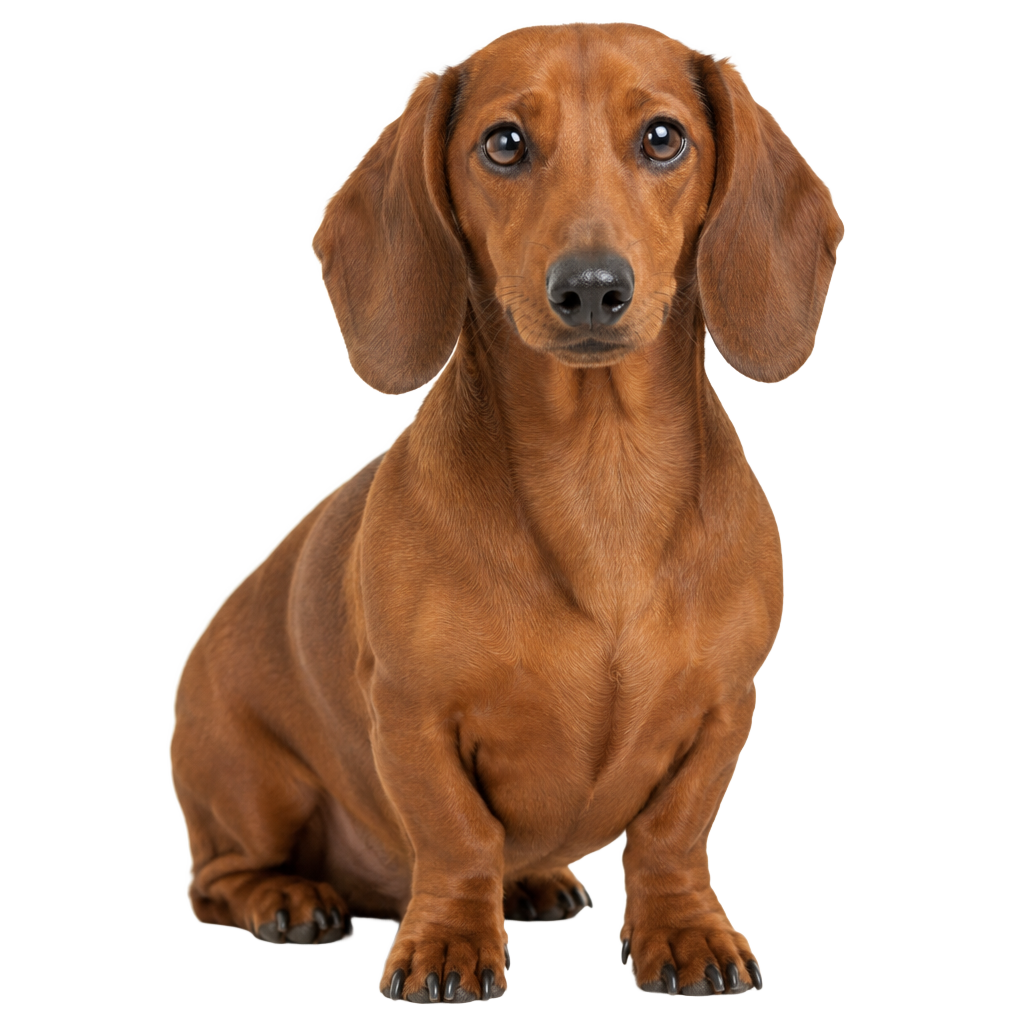A smooth-haired Dachshund sitting, cut out on a transparent background