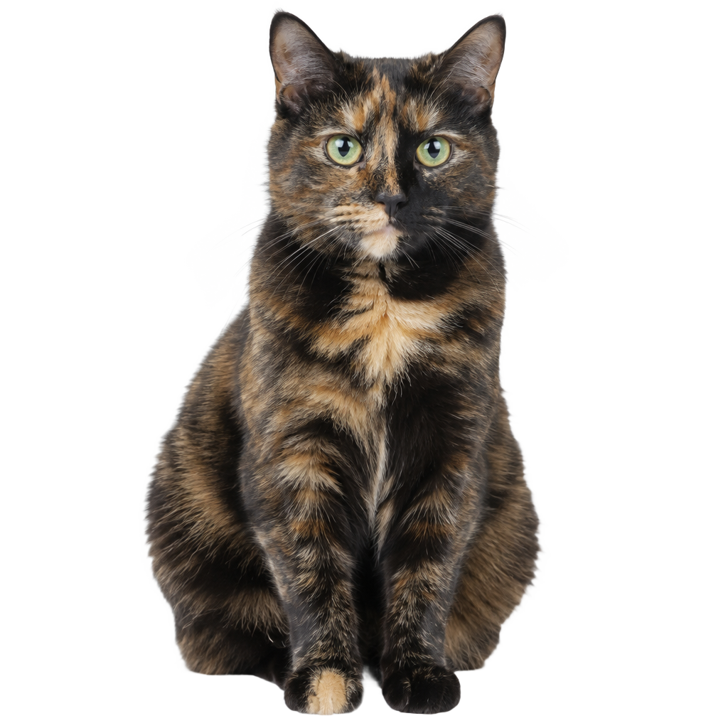 A tortoiseshell cat sitting, cut out on a transparent background
