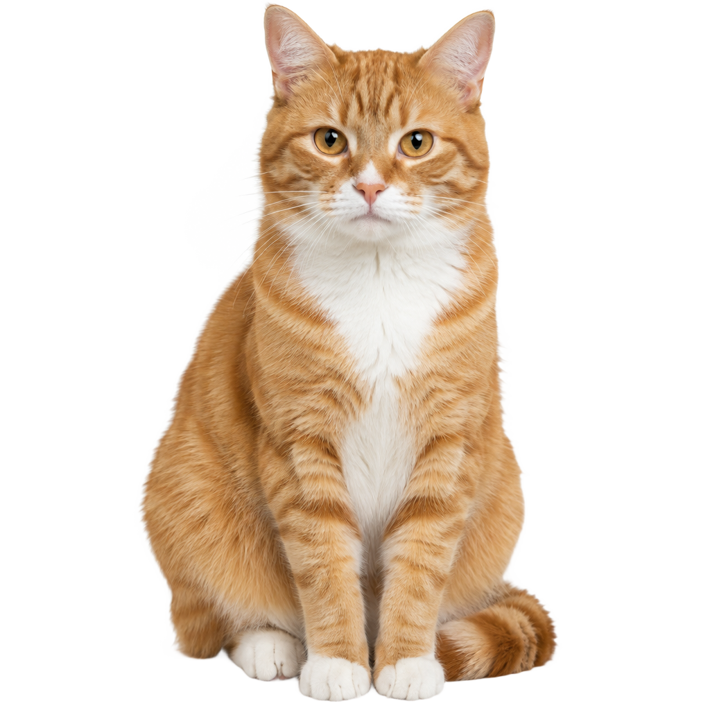 A ginger tabby cat sitting, cut out on a transparent background