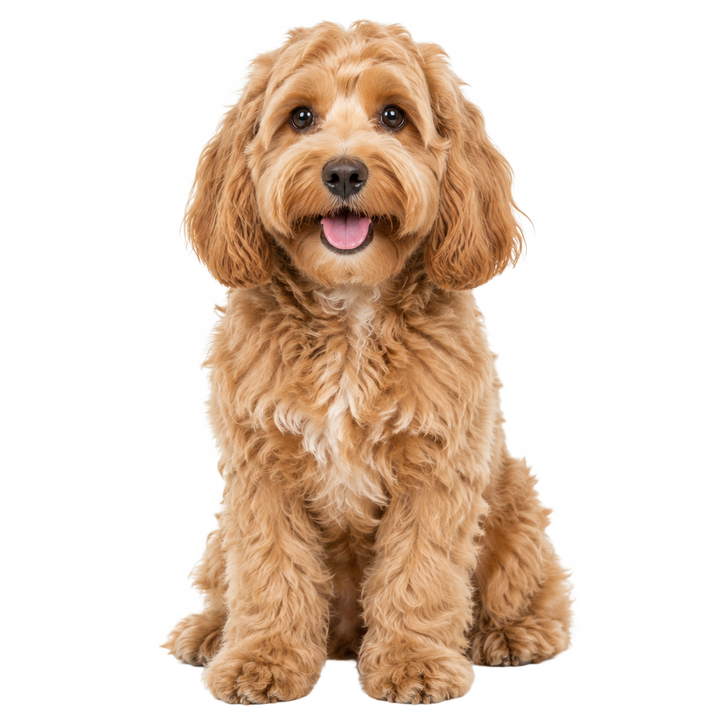 An apricot Cockapoo sitting, cut out on a transparent background