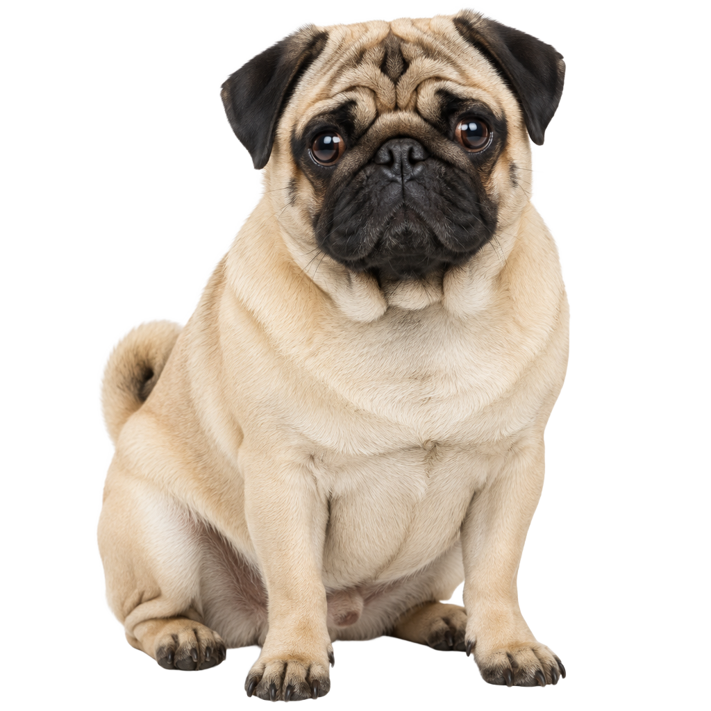 A fawn Pug sitting, cut out on a transparent background