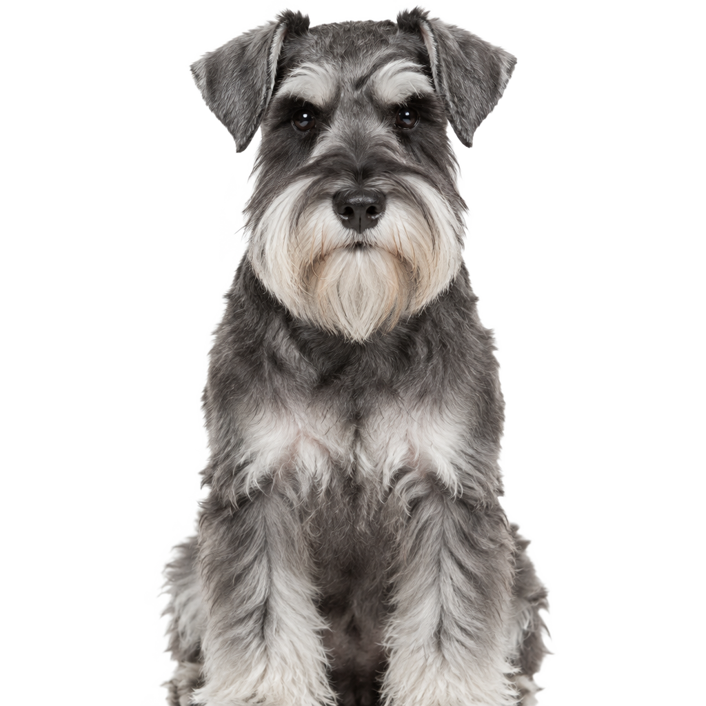 A Miniature Schnauzer sitting, cut out on a transparent background