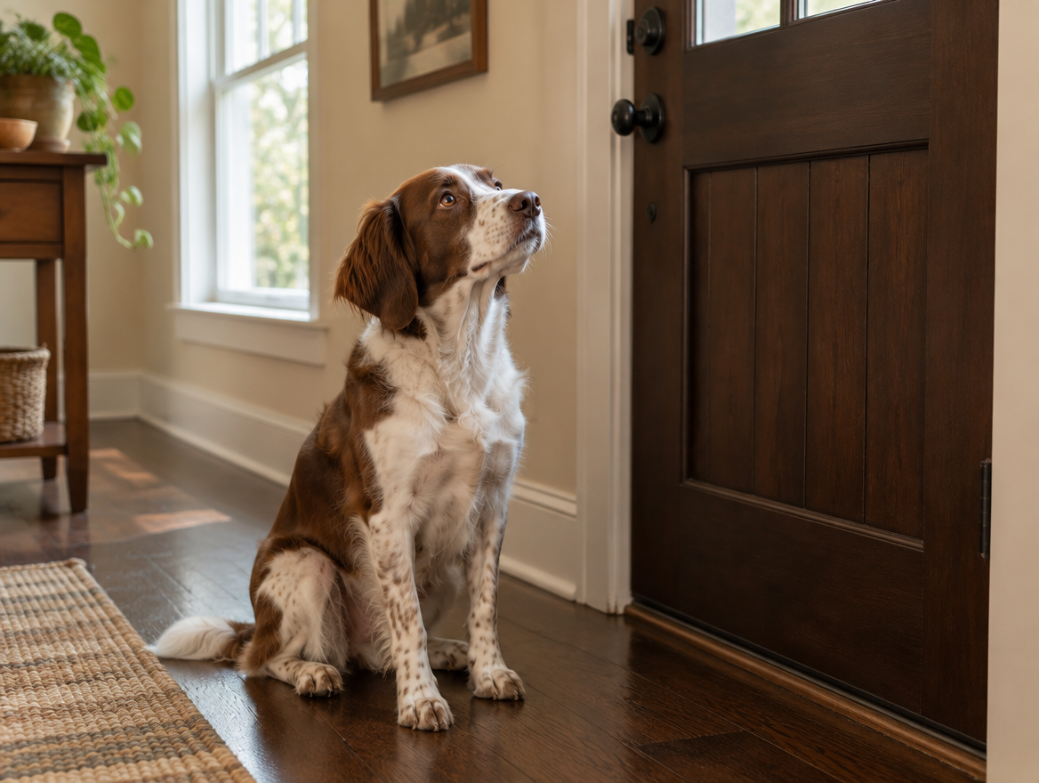 A brown and white dog sitting by the front door in a warm hallway, waiting to go out