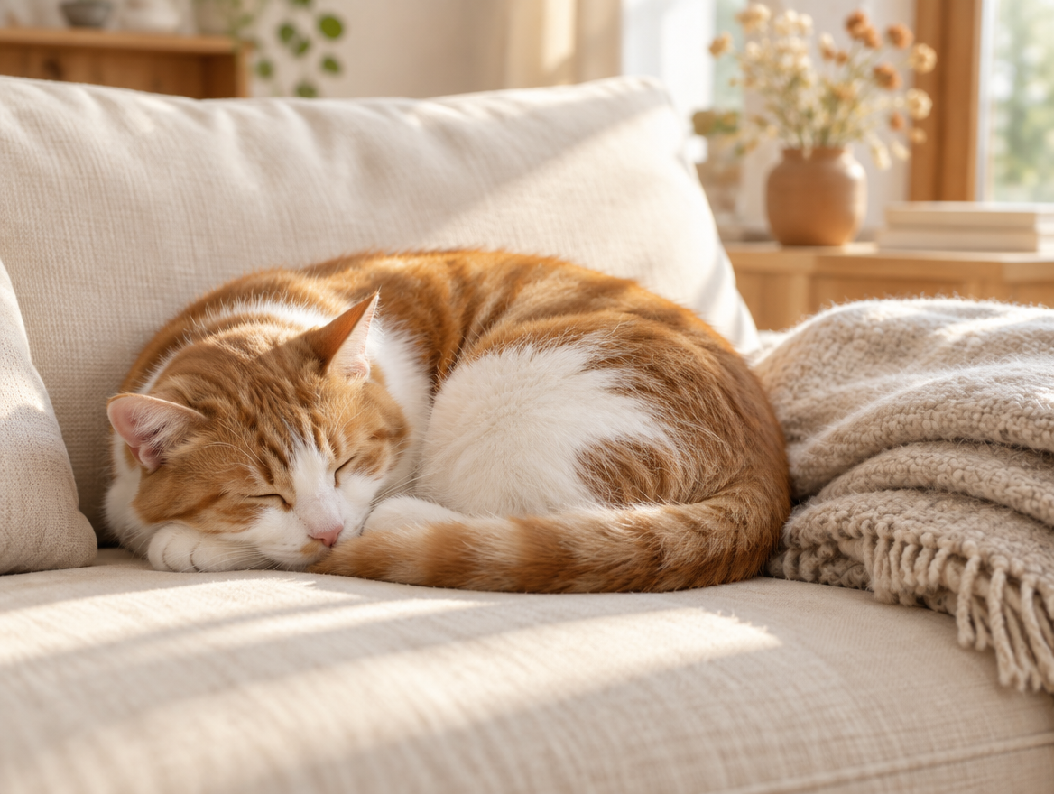 A ginger and white cat curled asleep on a cream sofa cushion in morning light