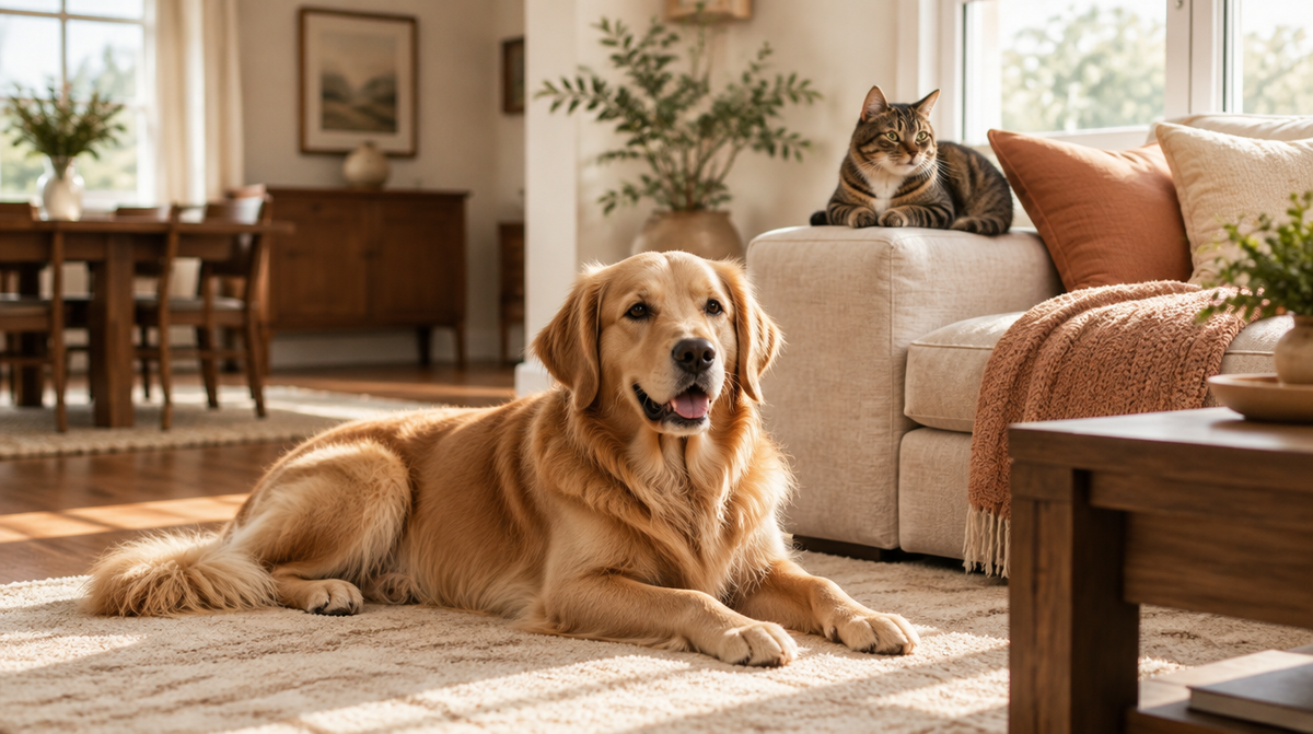 A golden retriever resting on a cream rug while a tabby cat sits on the sofa arm behind, in a sunlit family living room