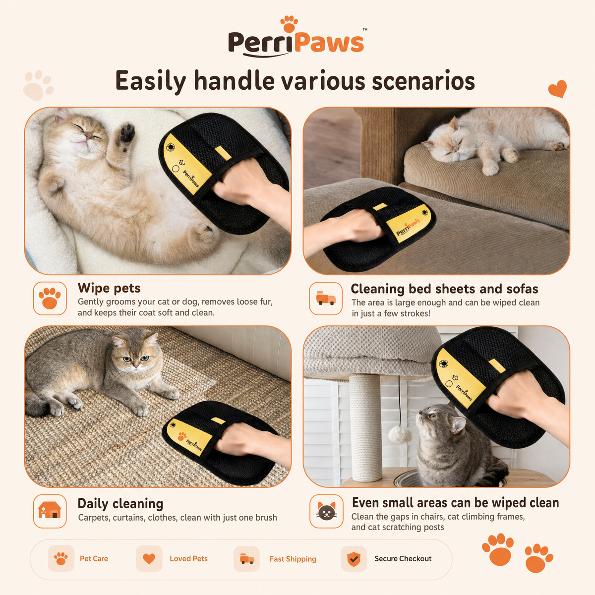 Four-panel grid showing the glove used on a cat, on bed sheets, on carpet and in small gaps