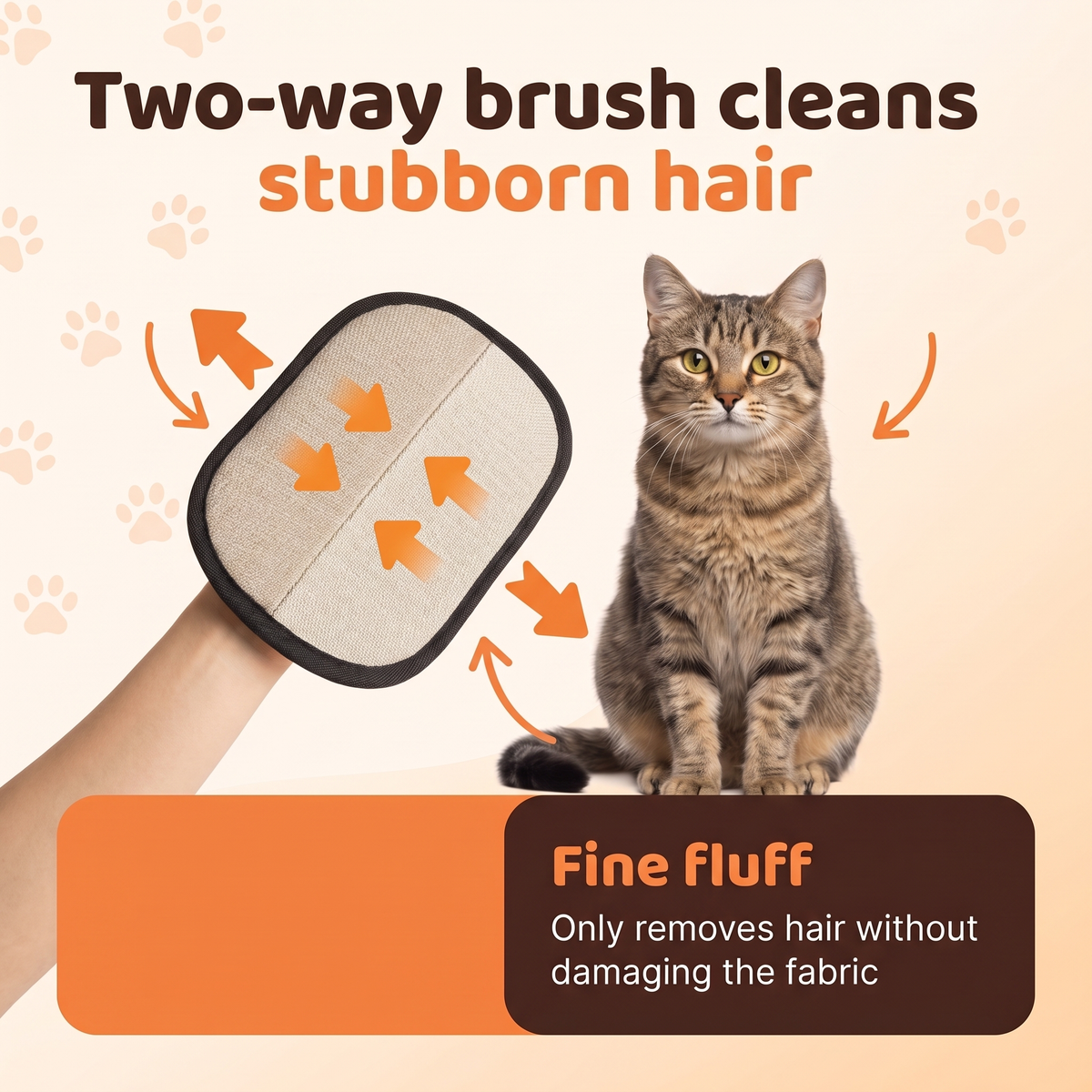The two-sided hair remover glove with a tabby cat behind it