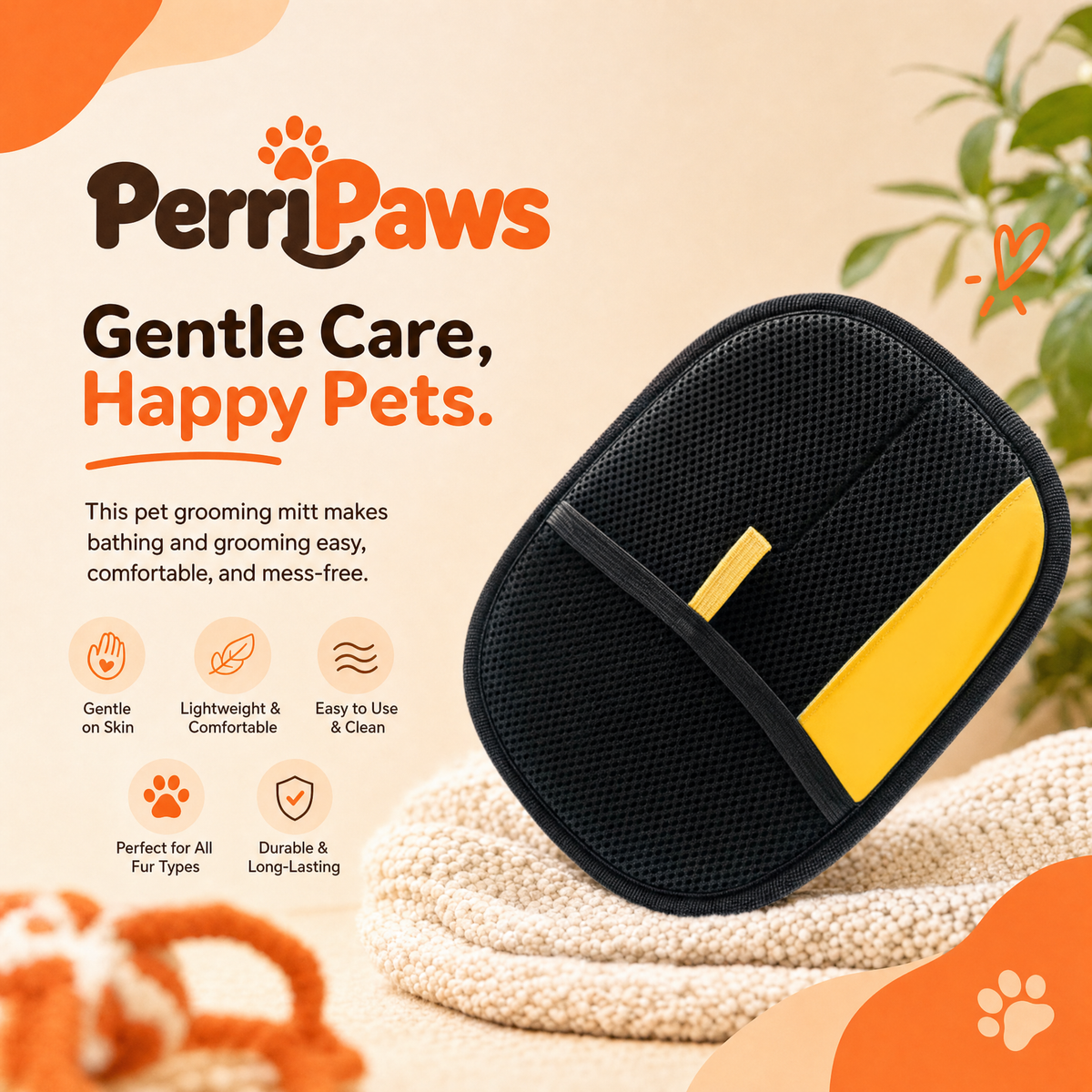 A PerriPaws pet grooming mitt in black and yellow, displayed on a soft beige towel with decorative orange and beige graphic elements and the PerriPaws branding.