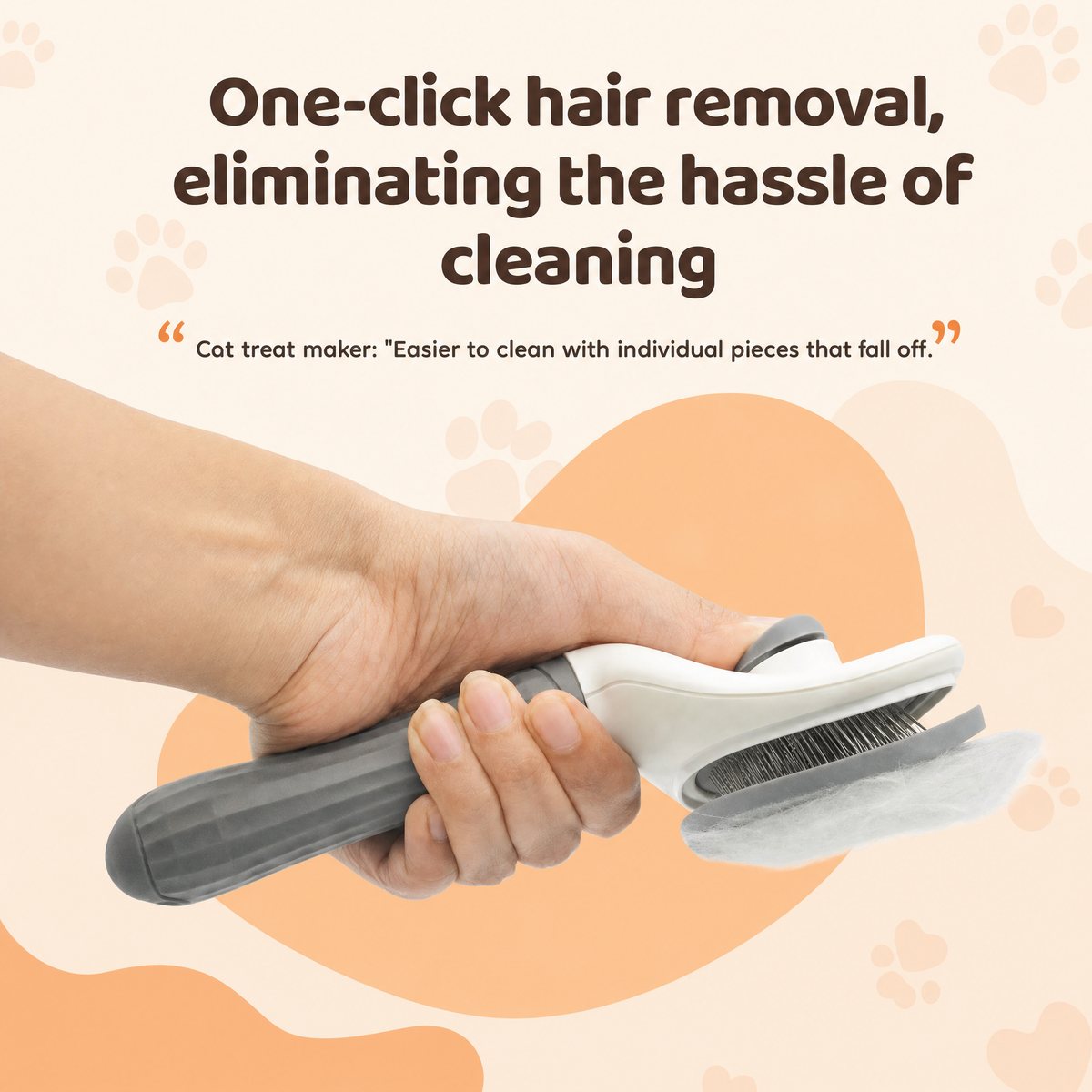 A hand pressing the self-cleaning button so the collected fur lifts off the pins