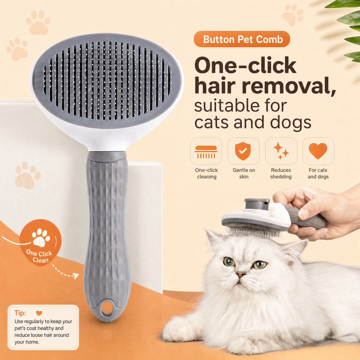 The grey slicker brush shown with a long-haired white cat