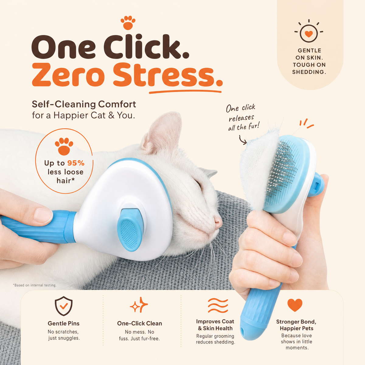 A cat being brushed with the blue slicker brush