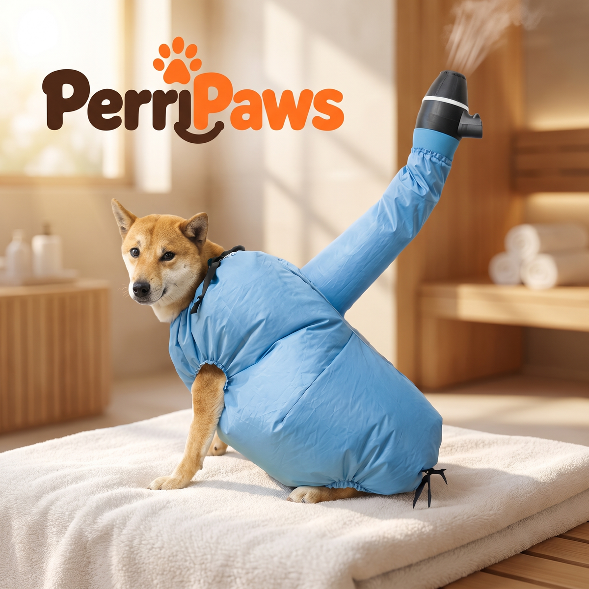 A shiba inu in a blue drying bag with the dryer hose attached