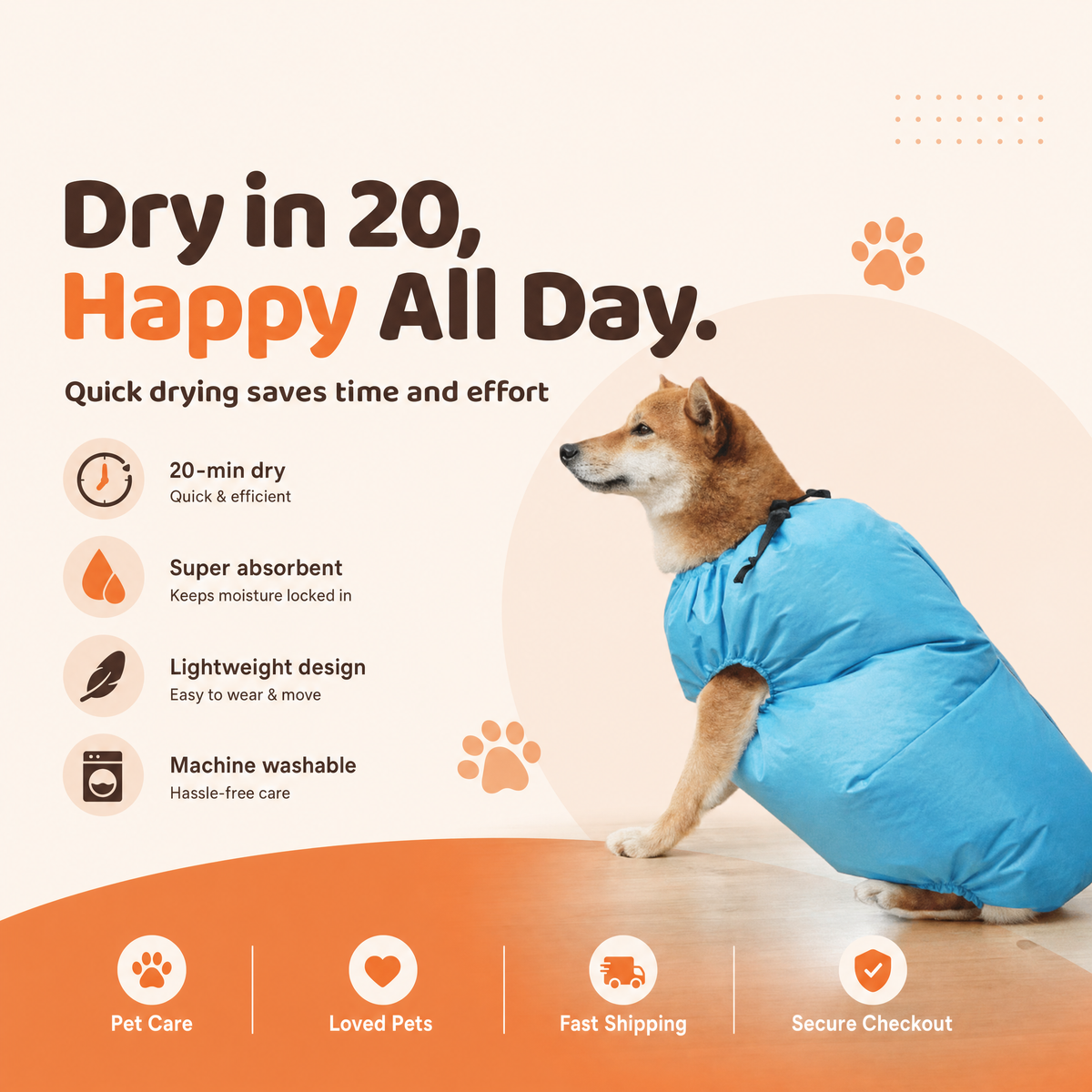 The drying bag shown with a timer graphic and feature icons