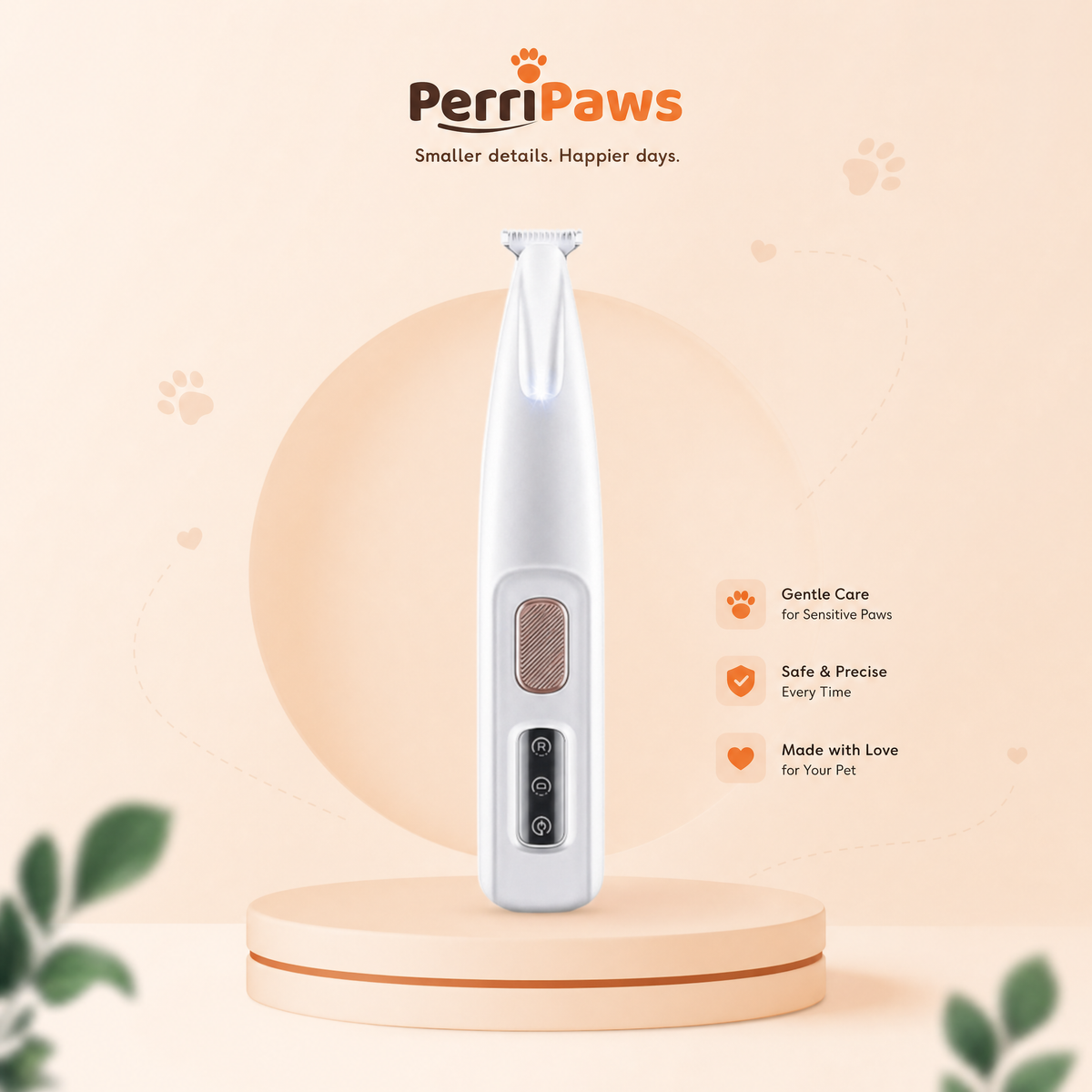 White paw trimmer standing on a cream plinth with leaves