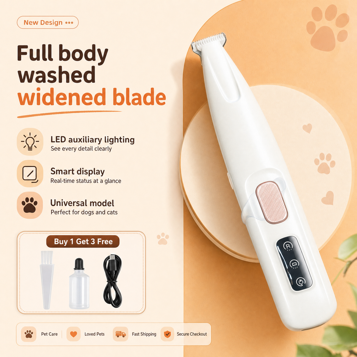 The paw trimmer shown with its spare blade and charging cable