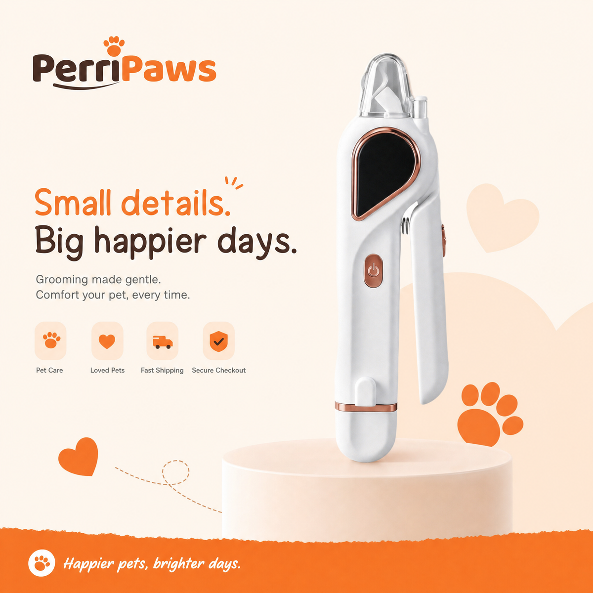 White LED nail clipper standing on a cream plinth