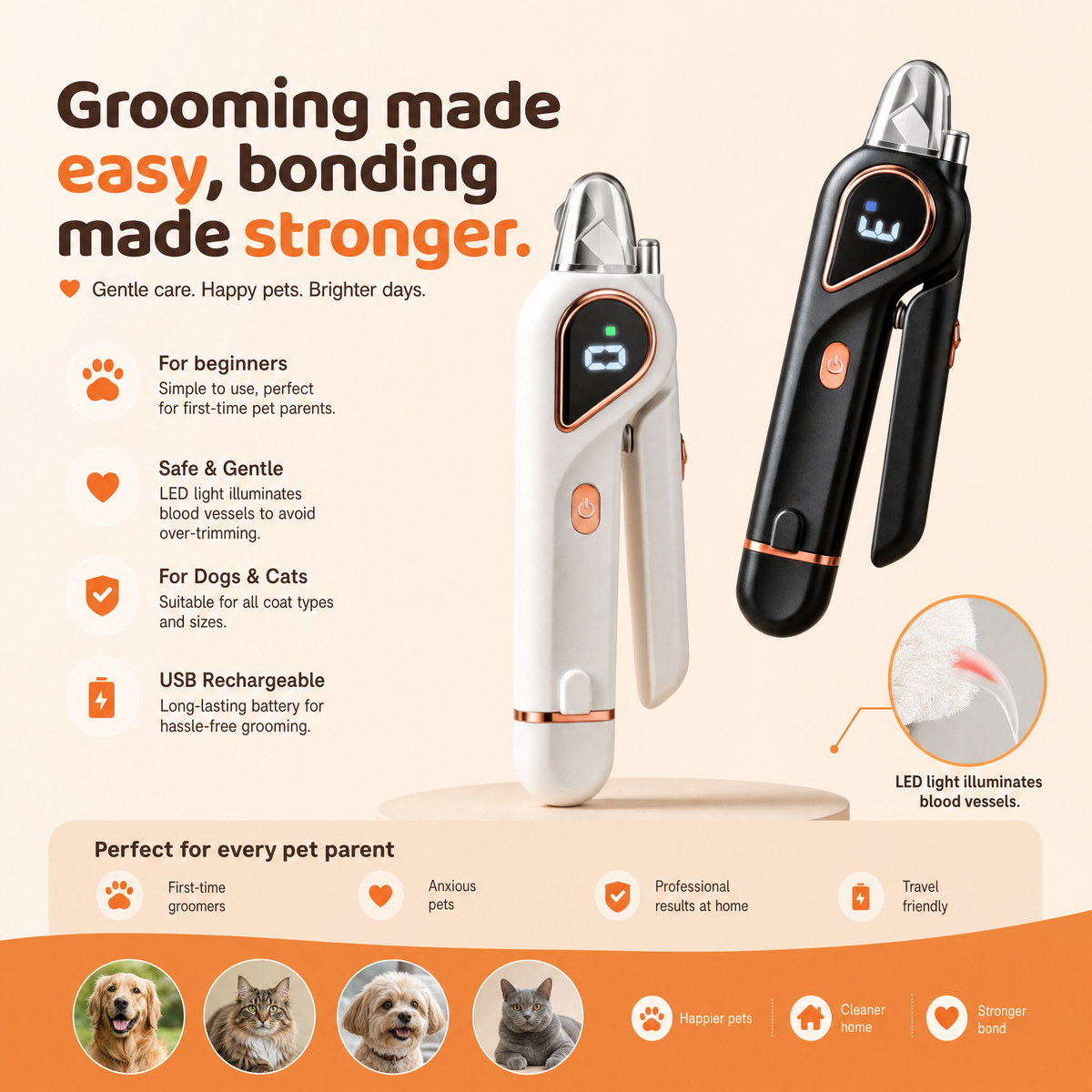 The two nail clipper colourways with pet portraits along the bottom