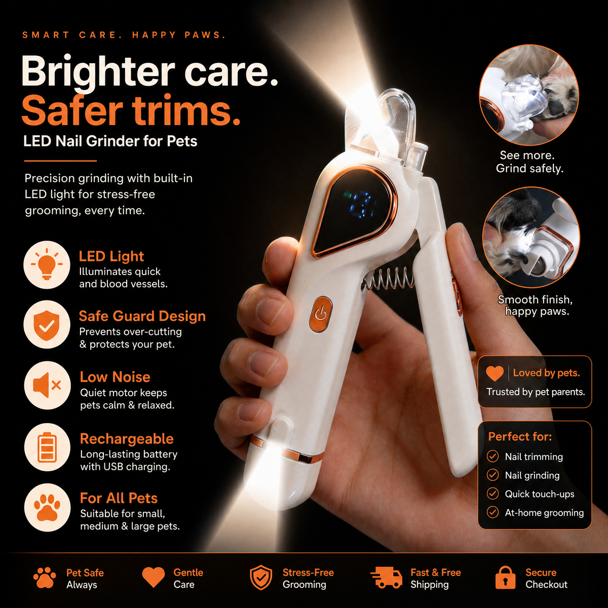 The white nail clipper held in a hand with its LED light on, against a dark background
