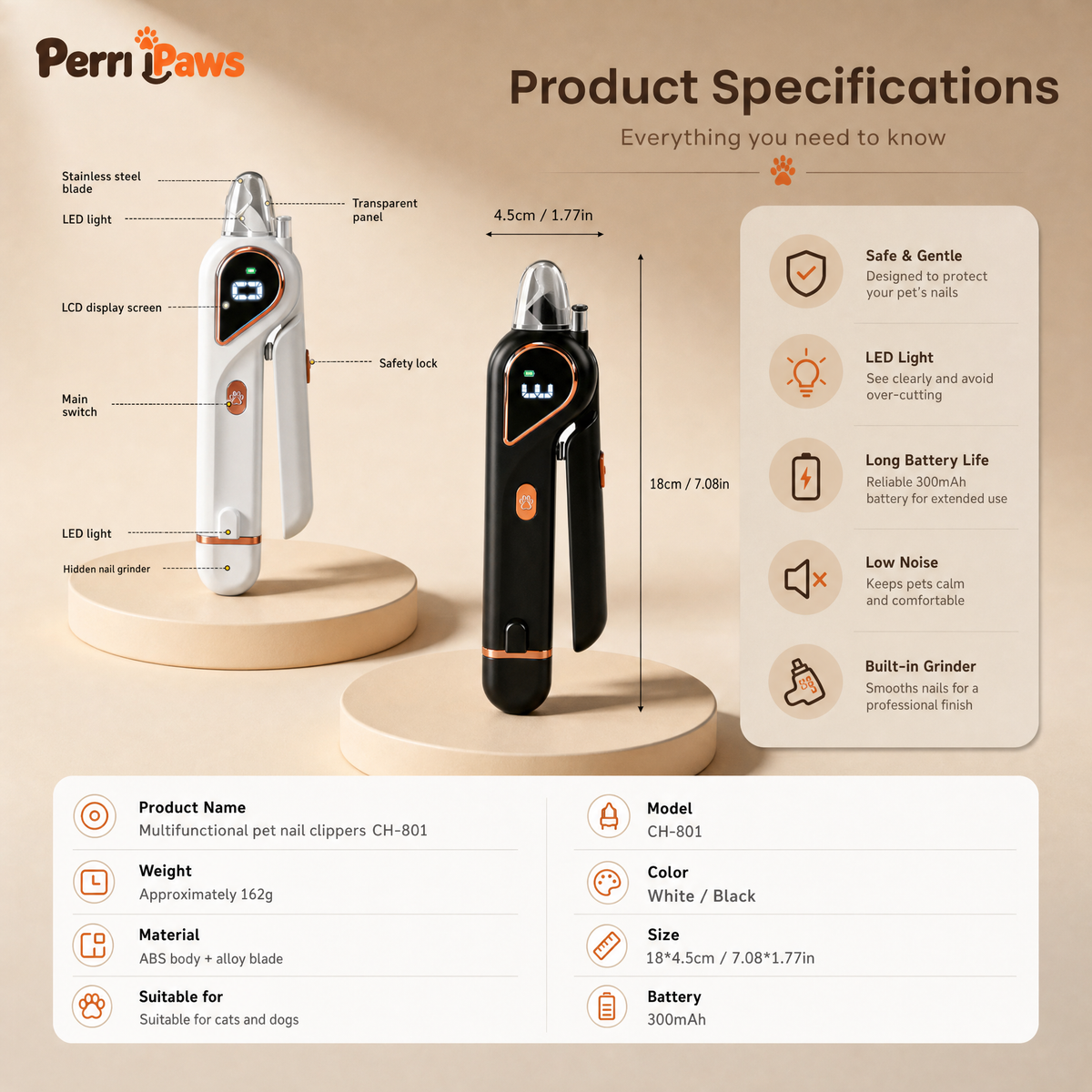 Product specification panel: 152 grams, ABS with alloy blade, 350 mAh battery, in white and black