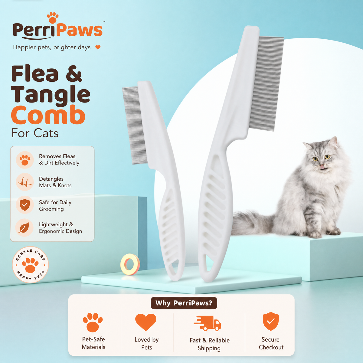 White flea and tangle comb set photographed with a long-haired cat