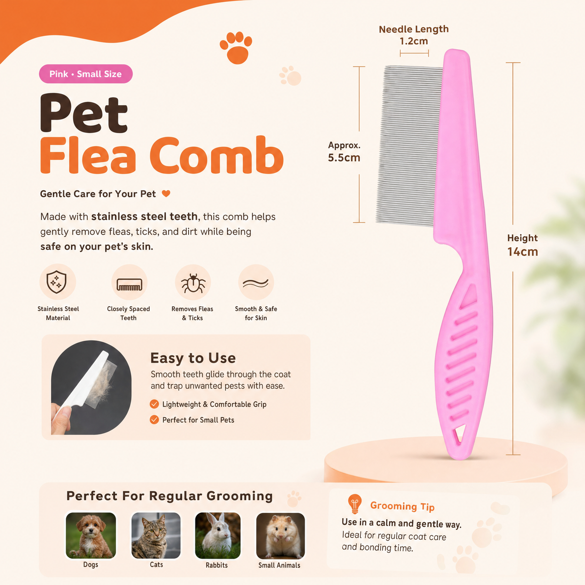 Pink small-size flea comb with its dimensions and a four-panel guide for dogs, cats, rabbits and small animals