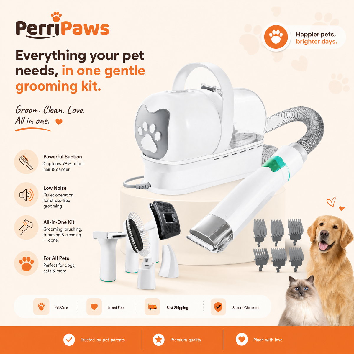 The grooming vacuum and its full set of attachments with a golden retriever