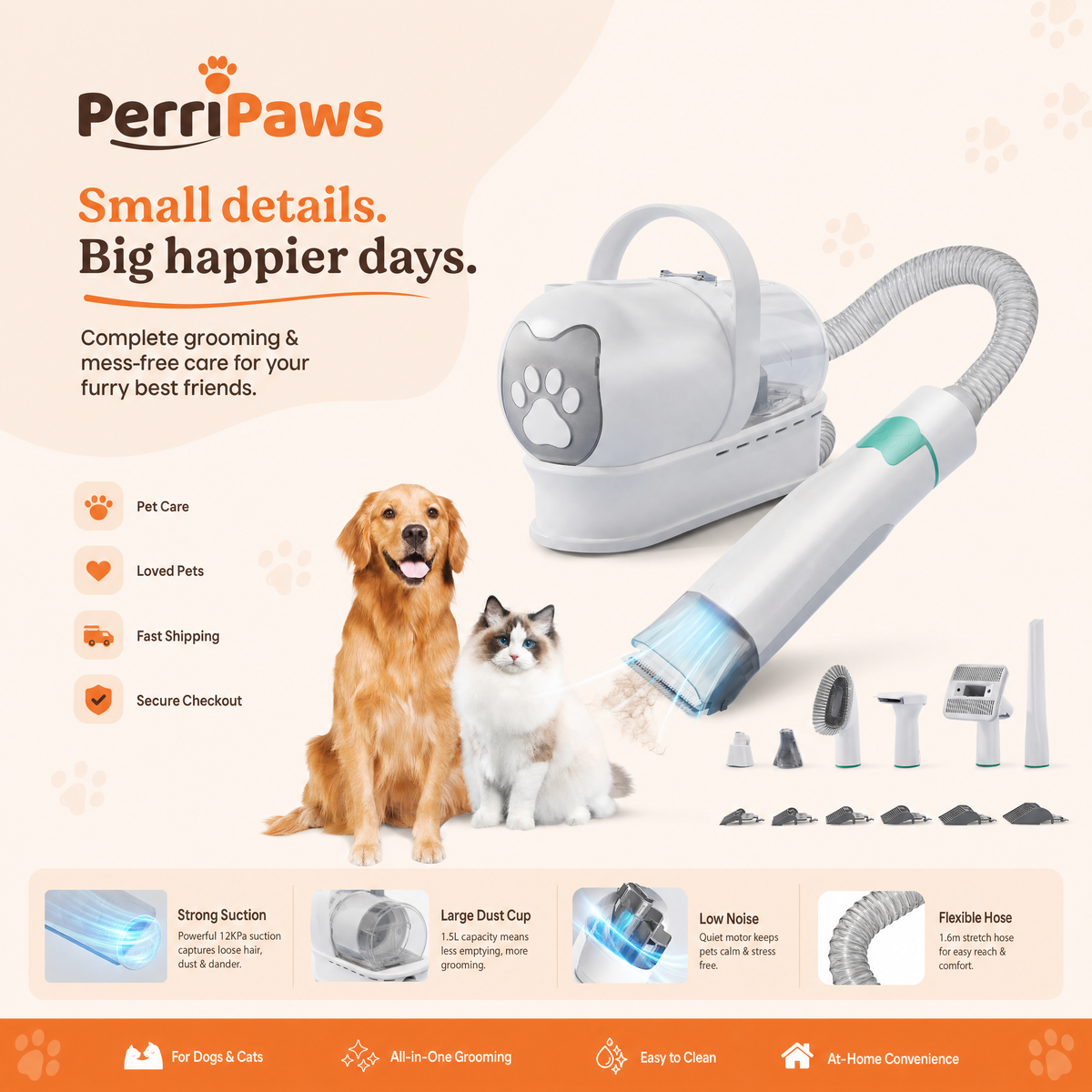 White grooming vacuum with its attachment heads, a golden retriever and a cat