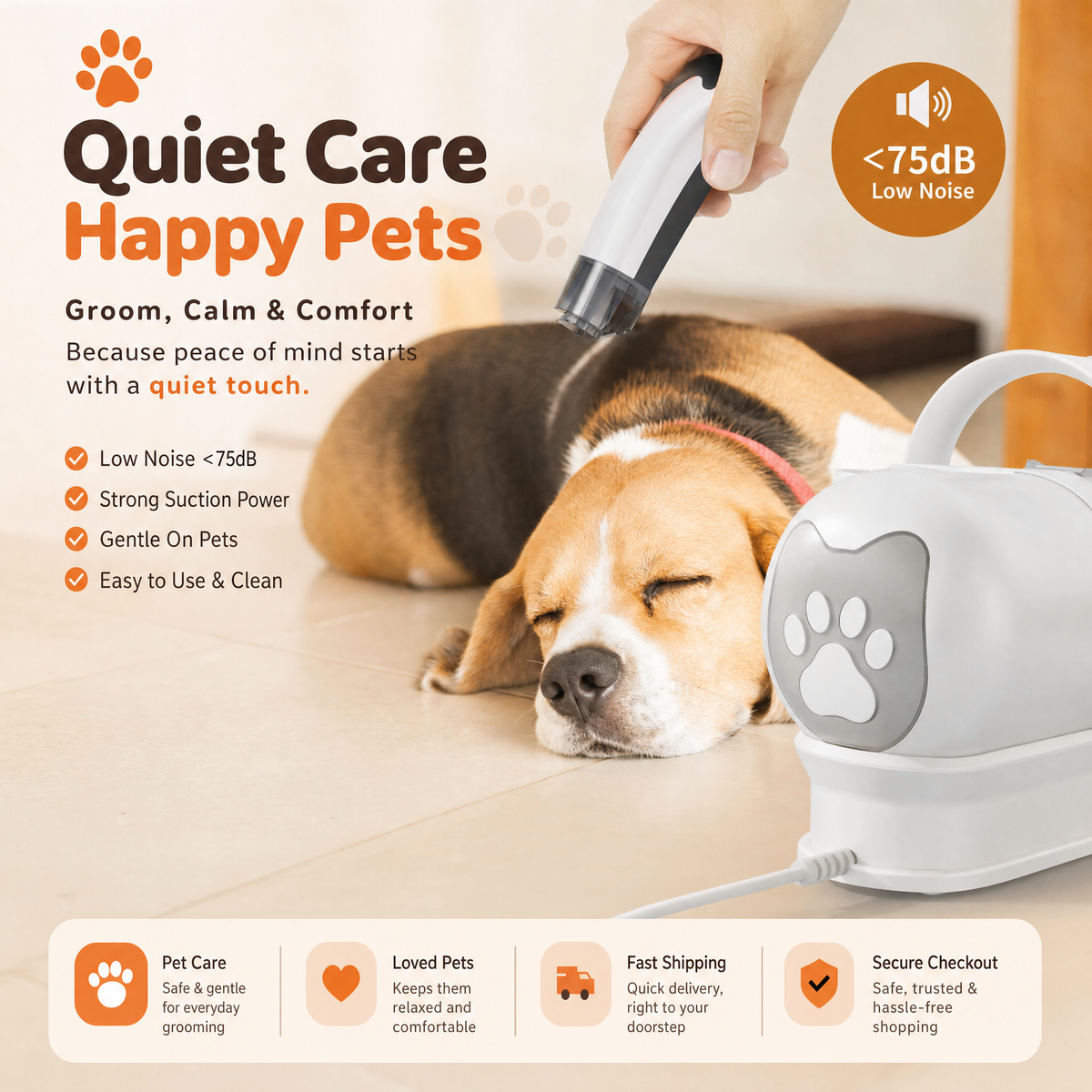 The grooming vacuum being used on a beagle, labelled as under 75 decibels