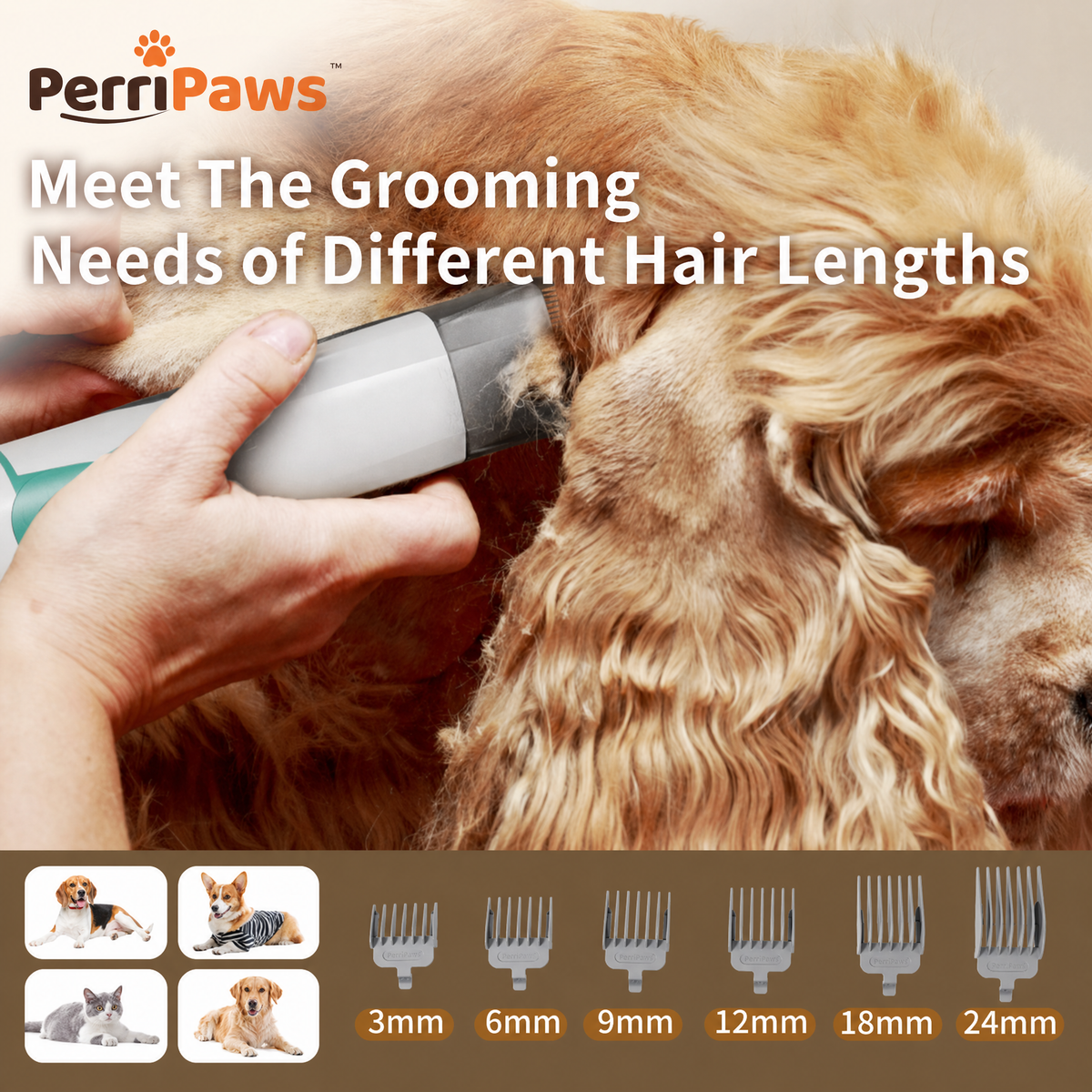 Close-up of the vacuum on a long-haired dog with 3, 6, 9, 12, 18 and 24 millimetre comb guides