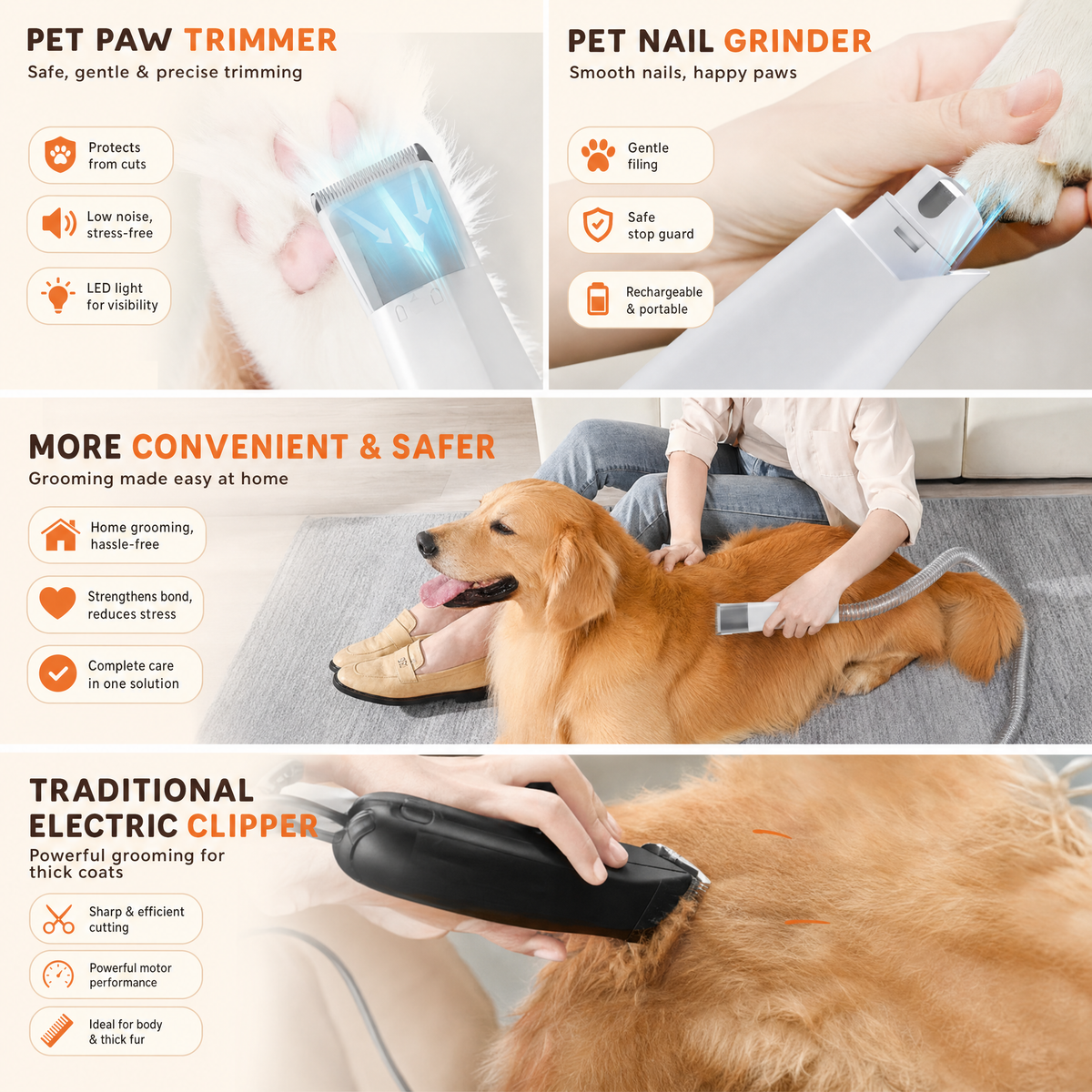 Three-panel layout showing the paw trimmer, nail grinder and electric clipper attachments