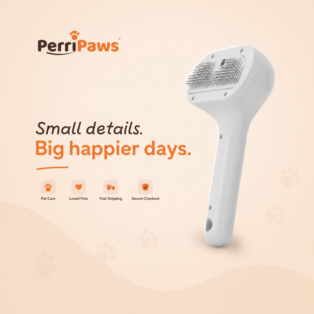 The white spray grooming brush on a cream background with the PerriPaws wordmark