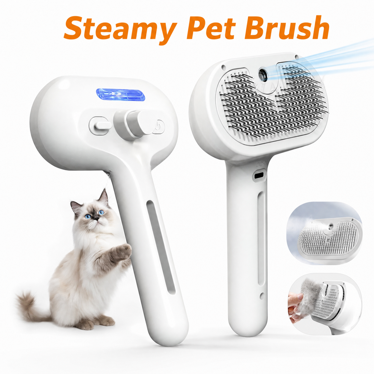 The spray grooming brush shown from two angles with a cat reaching up towards it