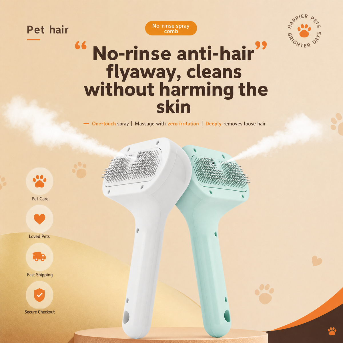 Spray grooming brush in white and mint green with a fine mist above the bristle heads