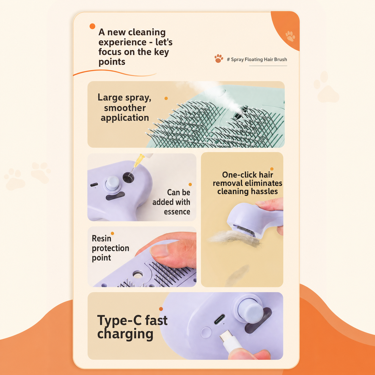 Feature panel showing the spray nozzle, one-click hair release, resin tips and USB-C charging port