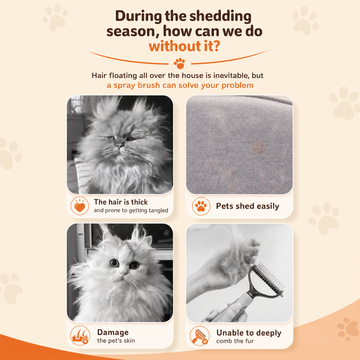 Shedding-season panel with close-ups of tangled fur and a cat being combed