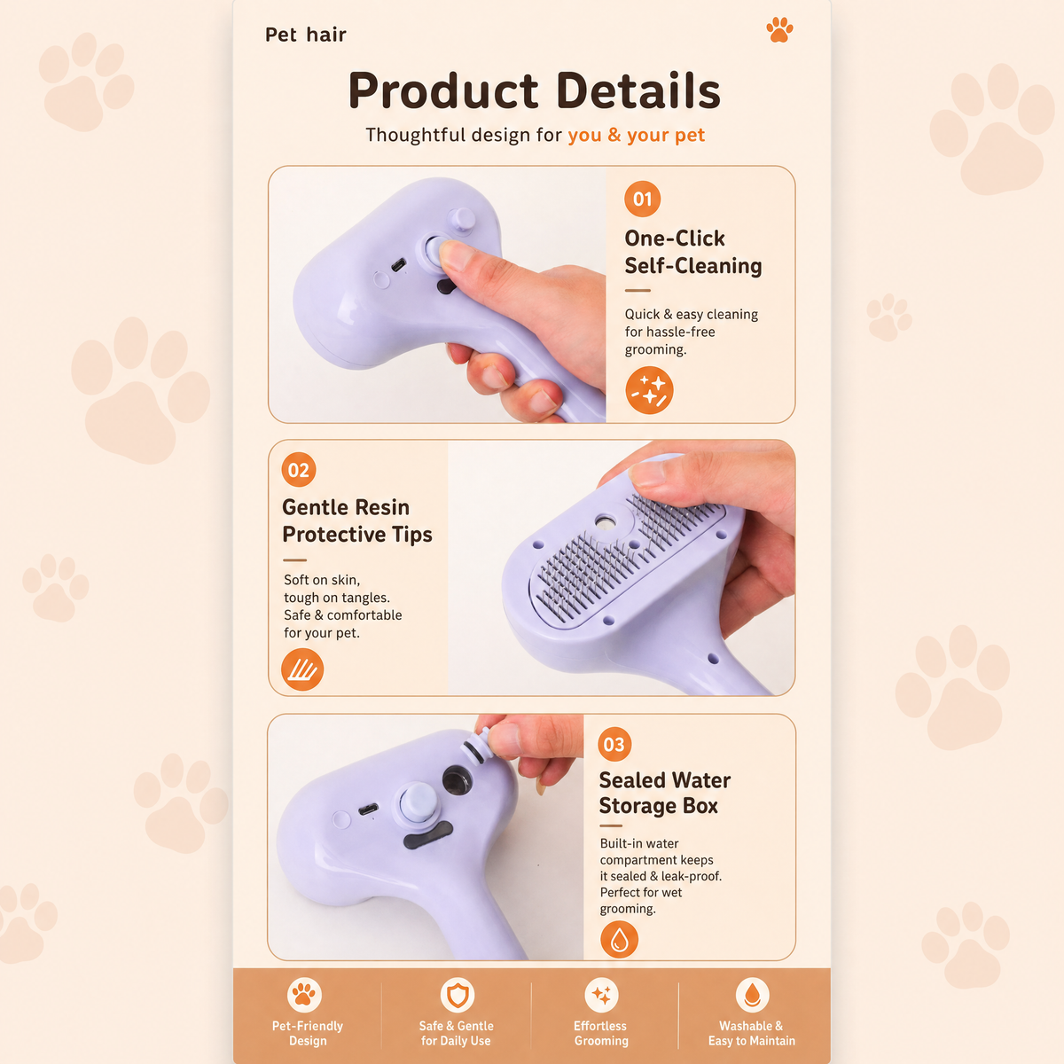 Product detail panel showing the self-cleaning button, resin-tipped pins and sealed water tank