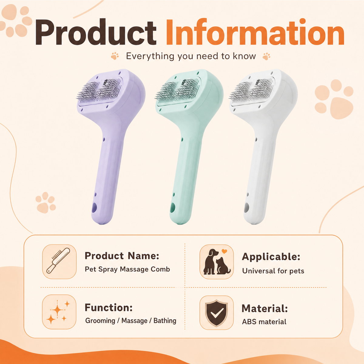 Three colourways of the spray massage comb in purple, mint and white with the product information table
