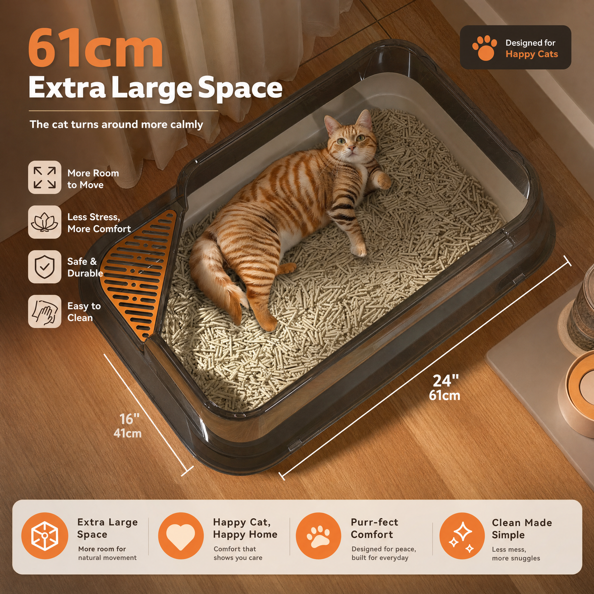 Brown high-sided litter box, 61 centimetres long, with a ginger cat lying in it