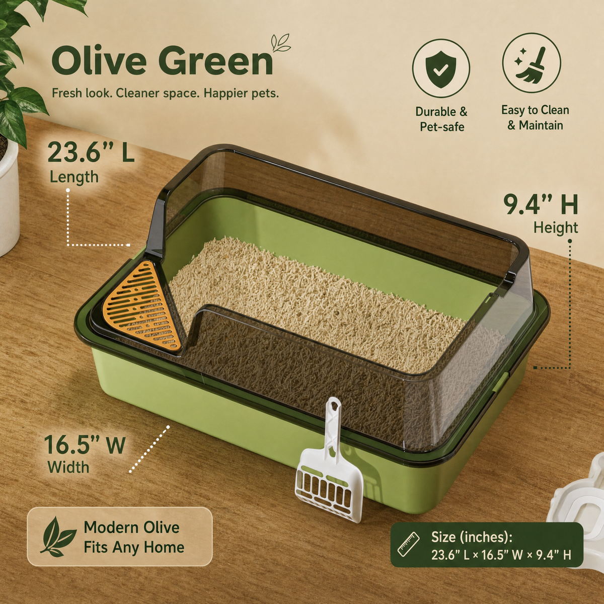 Olive green high-sided litter box measuring 23.6 by 16.5 by 9.4 inches, with a scoop