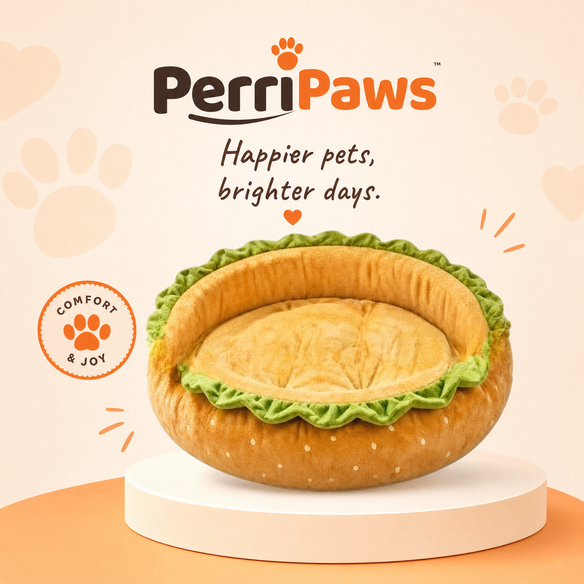 Burger-shaped pet bed with a sesame-bun base and a lettuce-trim edge on a cream plinth