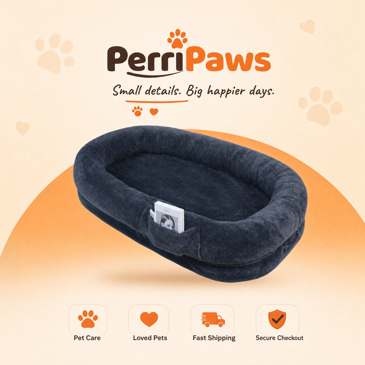 Navy human-size oval dog bed on a cream background