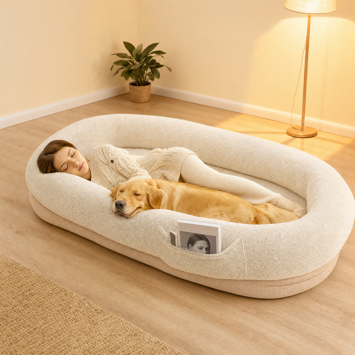 A person and a golden retriever lying together in the cream human-size bed