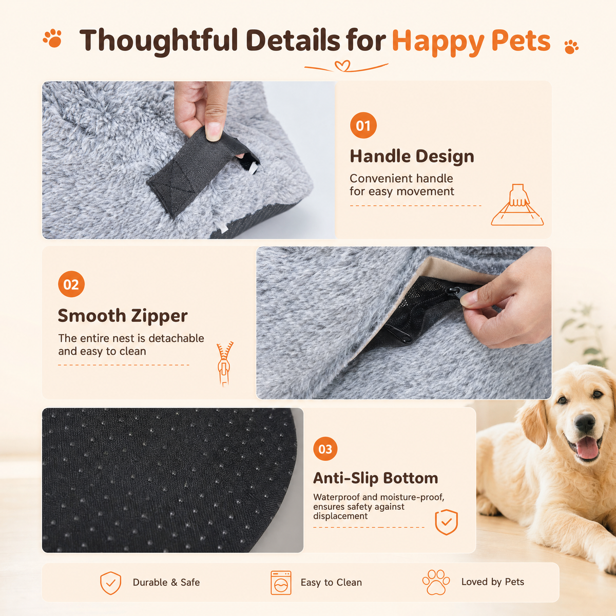 Detail panel showing the carry handle, the zip and the anti-slip base, with a golden retriever