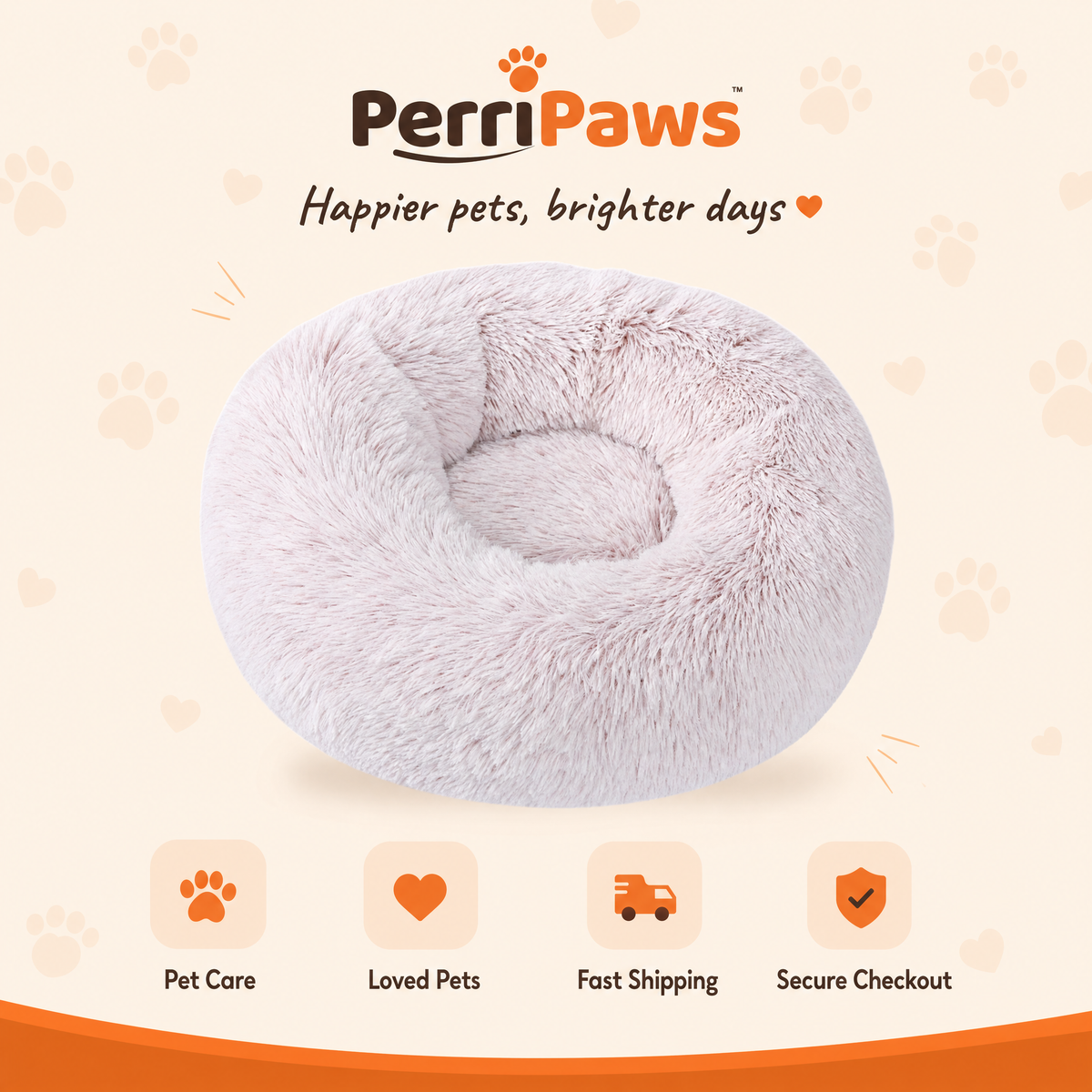 Lilac round plush donut bed on a cream background